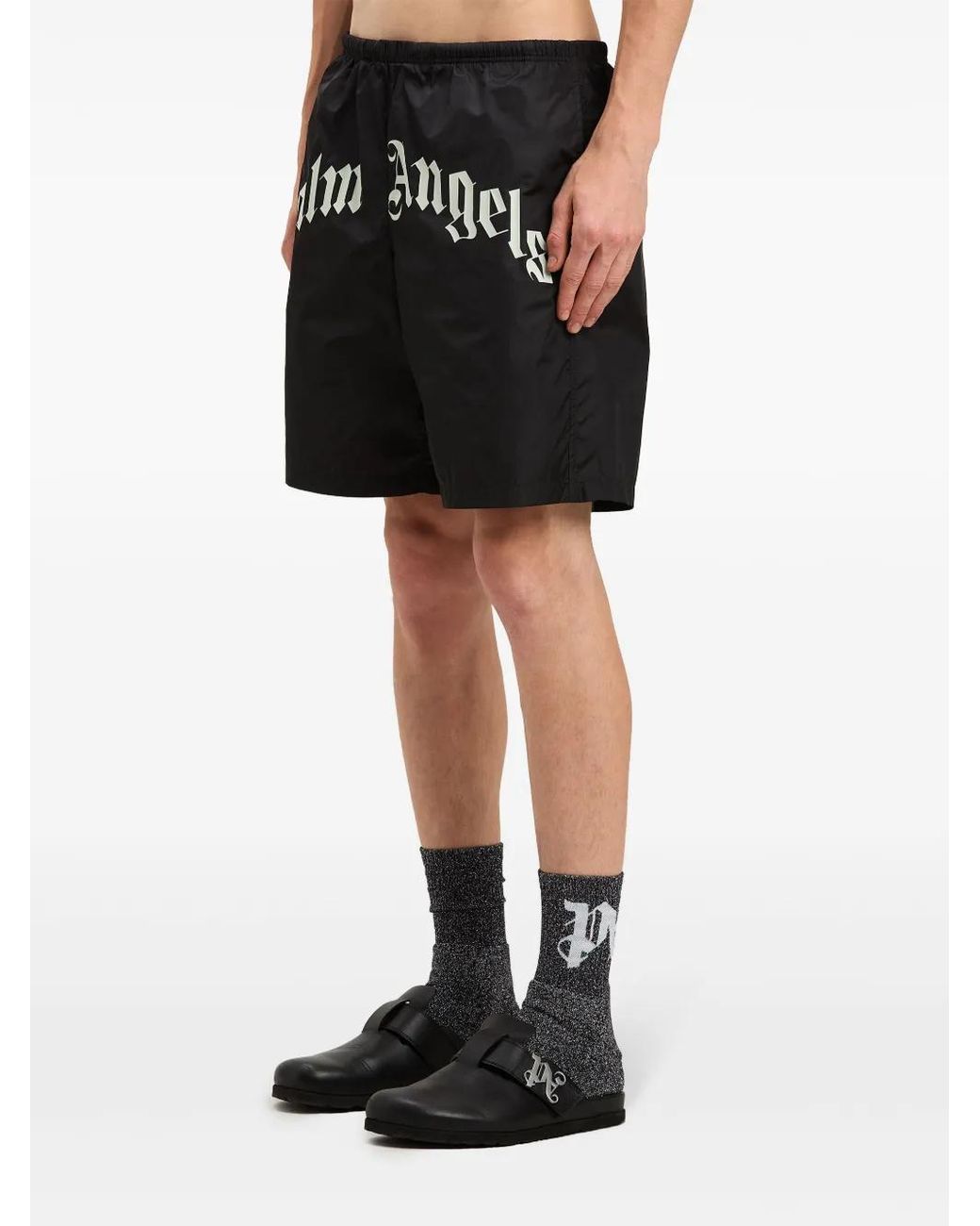 Palm Angels Black Curved-Logo Swim Shorts for men