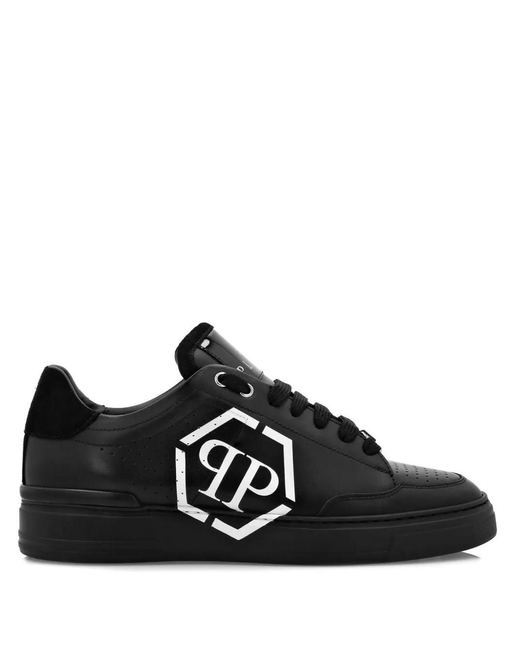 Philipp Plein Black Lo-Top Leather Sneakers Hexagon for men