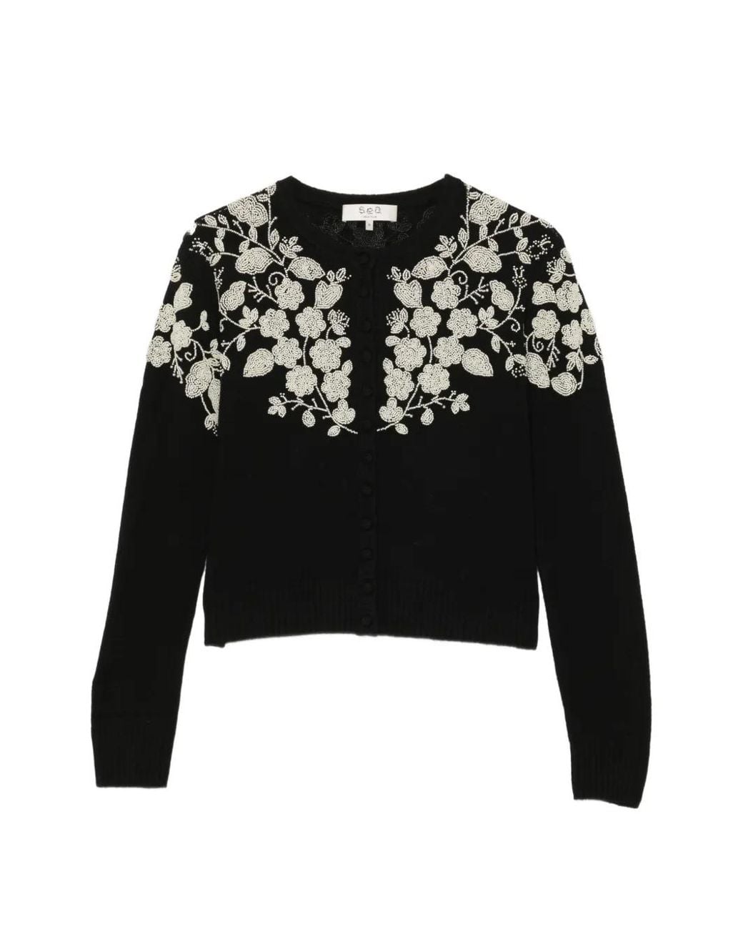 Sea Black Bead-Embellished Floral Cardigan