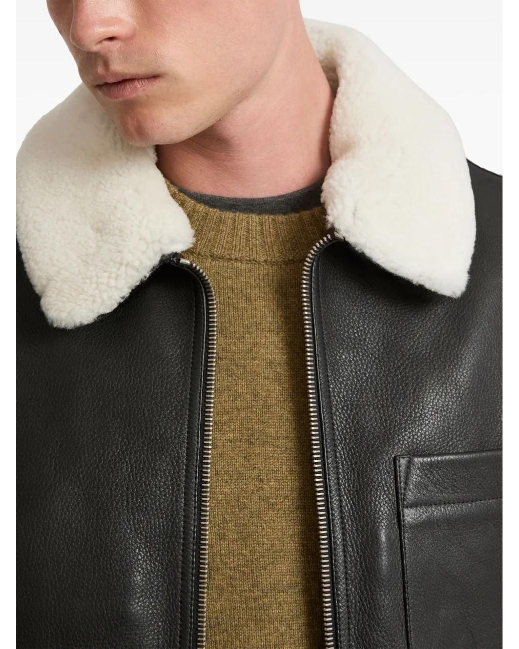 Yves Salomon Black Shearling Collar Leather Jacket for men