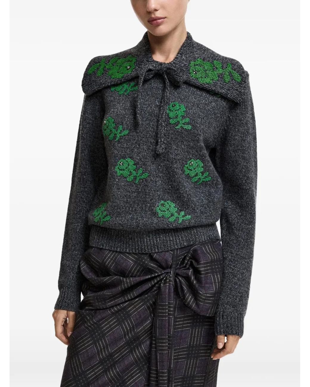 Essentiel Antwerp Green Bead-Embellished Floral-Motif Sweater