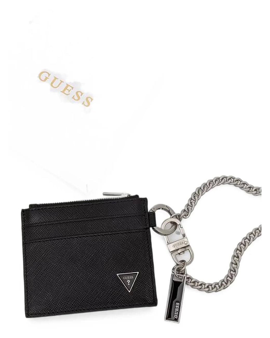 Guess Black Milano Saffiano-Leather Chain-Link Card Holder for men