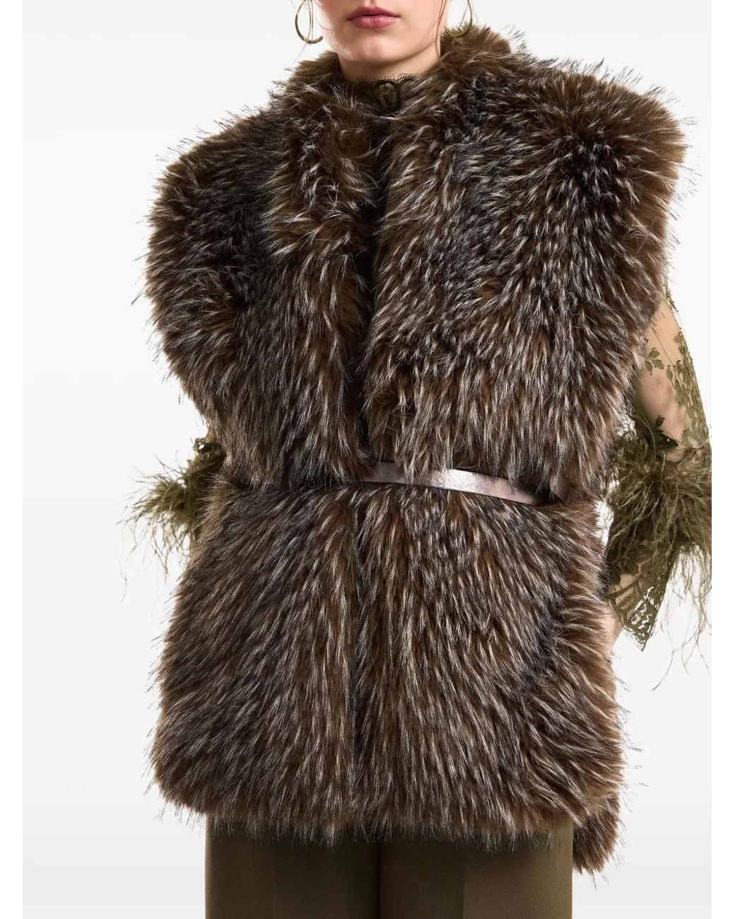 Gemy Maalouf Brown Belted Faux-Fur Gilet