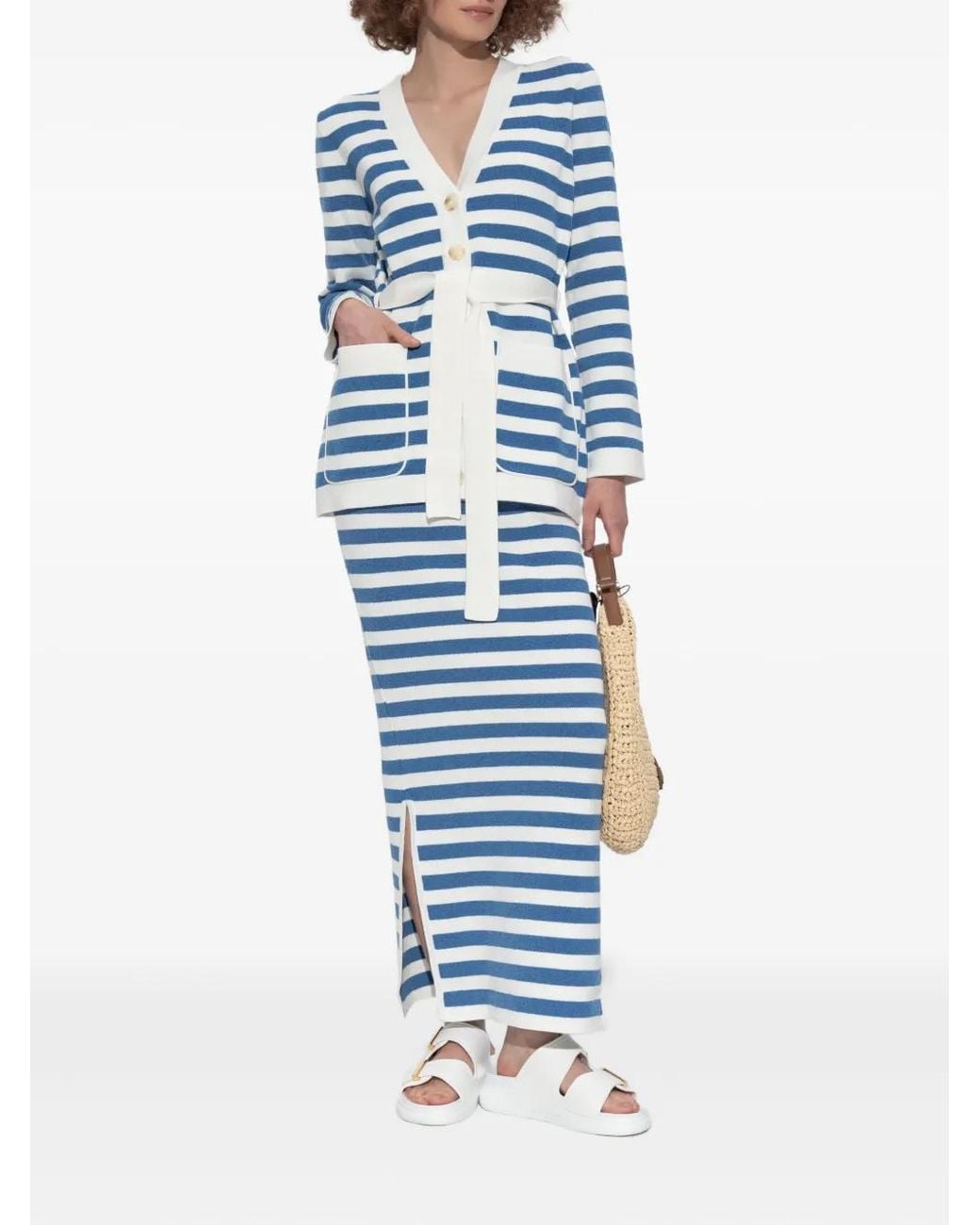 Posse Blue Stripe Side-Split Midi Fitted Skirt