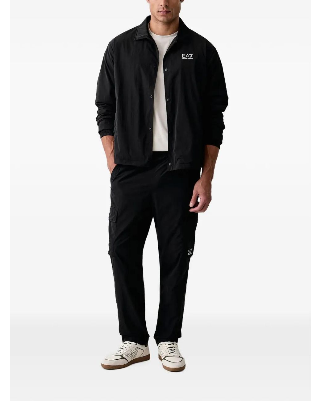 EA7 Black Logo-Print Press-Stud Jacket for men