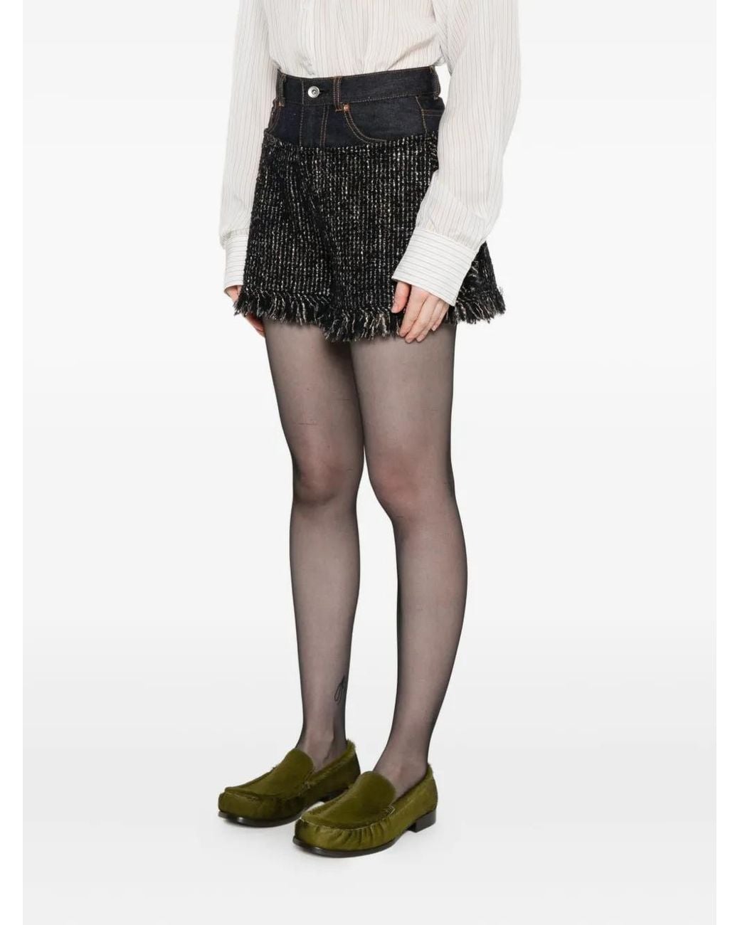 Sacai Black Fringed Tweed Denim Shorts