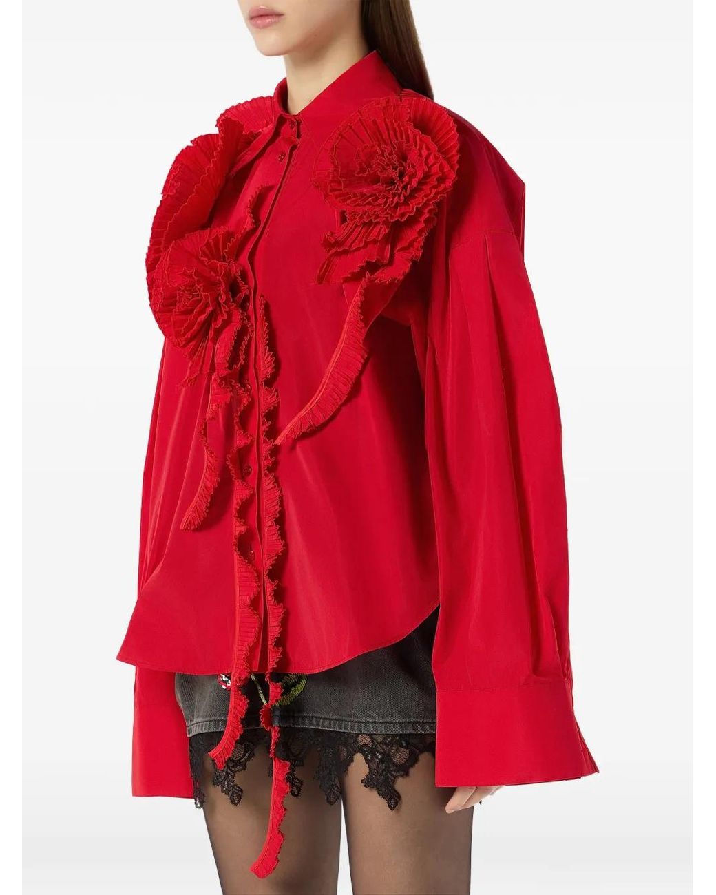 Blumarine Red Ruffled Floral-Appliqué Shirt