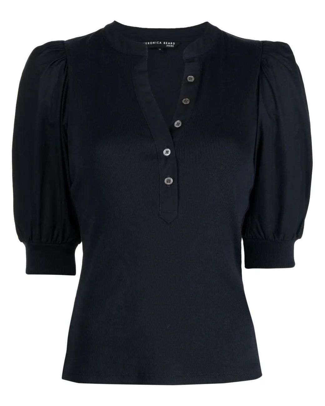 Veronica Beard Black Button-Up Puff Sleeves Top