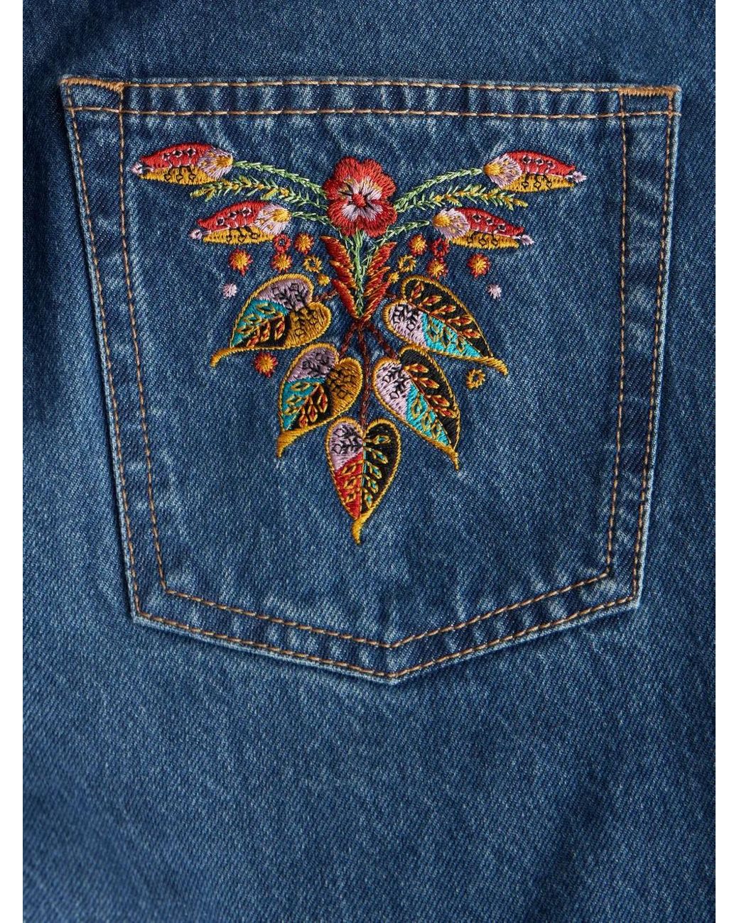 Etro Blue Floral-Embroidered High-Waist Jeans