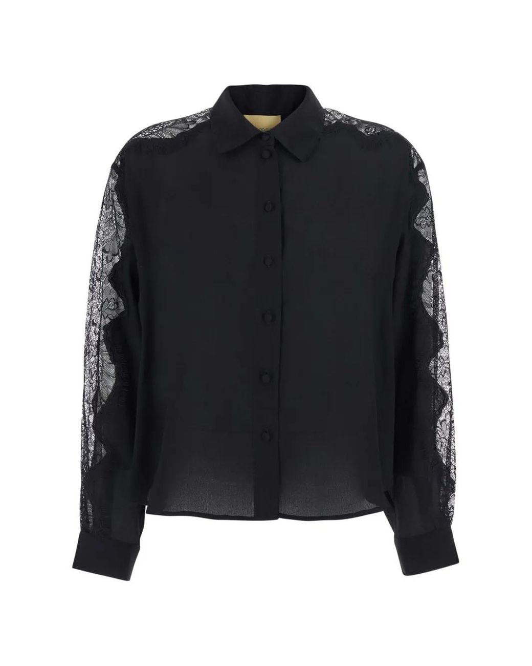 Momoní Black Vetra Bis Lace-Panelled Silk Shirt