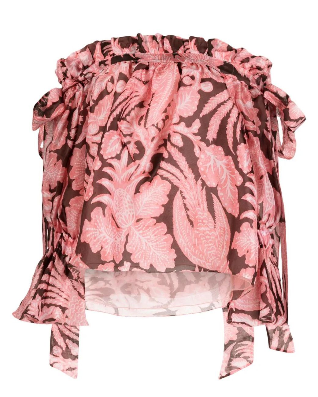 Biyan Pink Ruffled Floral-Print Silk Blouse