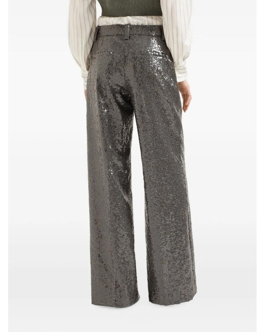 Brunello Cucinelli Gray Pantalon Ample Évasé Et Brodé En Flanelle De Laine Vierge Texturée