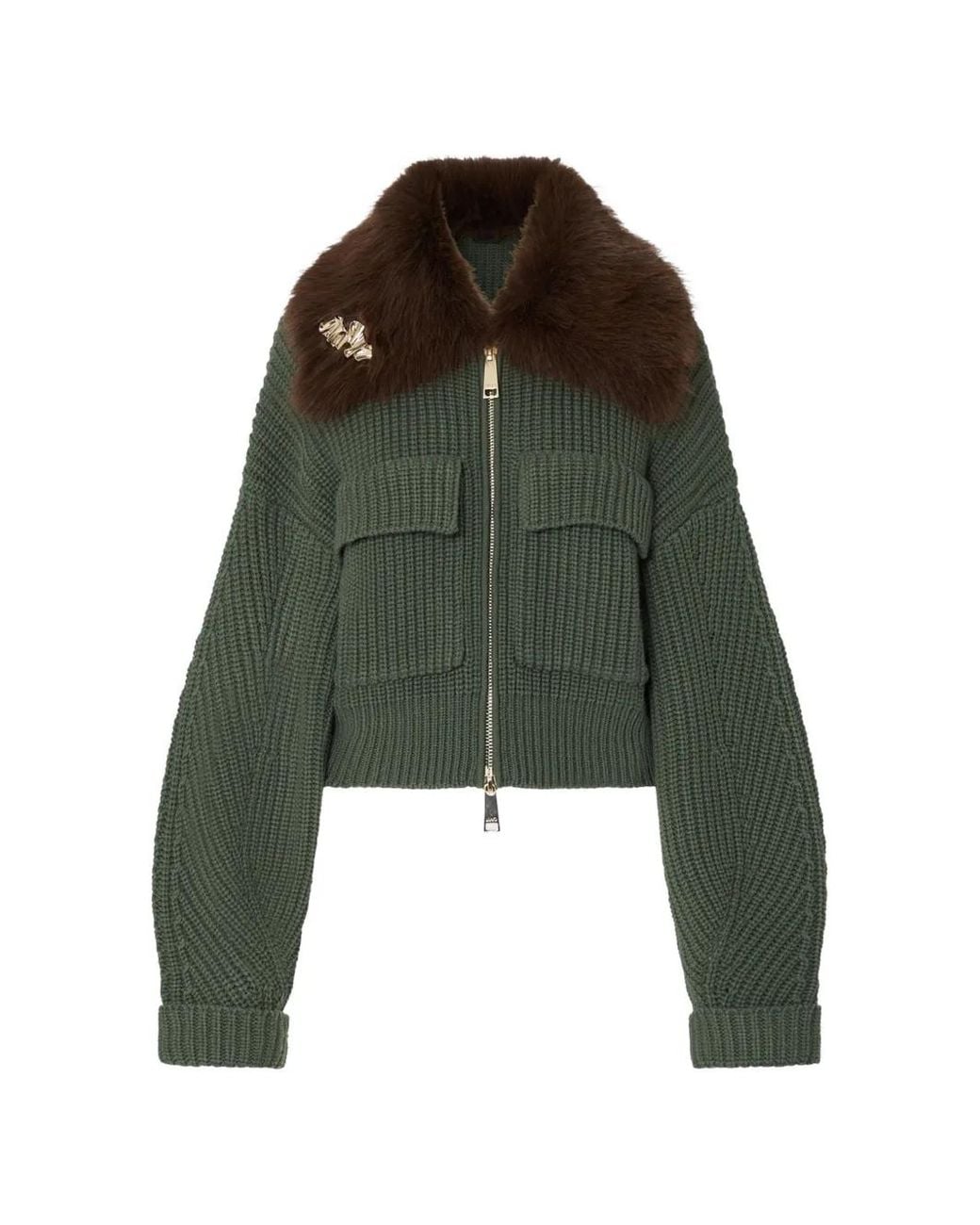 Liu Jo Green Wool Bomber Jacket With Teddy Collar