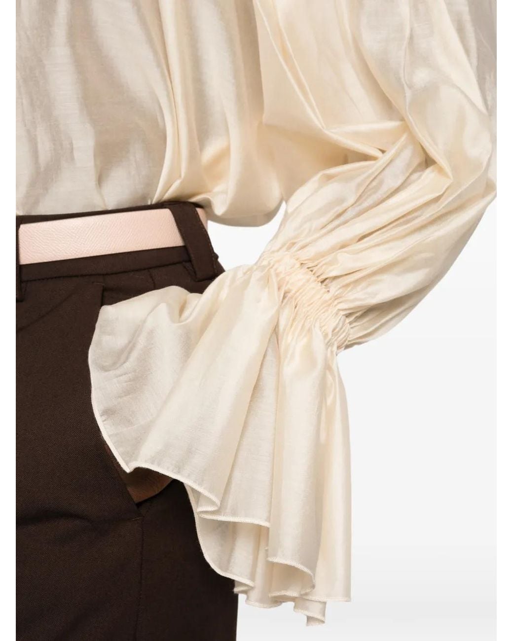 Thelatest Natural Estelle Ruffled-Collar Balloon-Sleeve Top