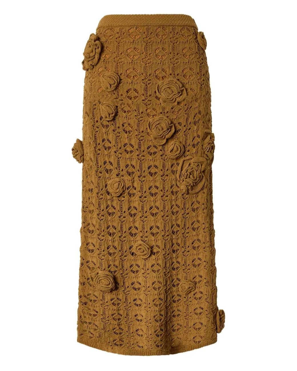 Pinko Natural Crochet-Effect Midi Skirt With Appliqué Flowers