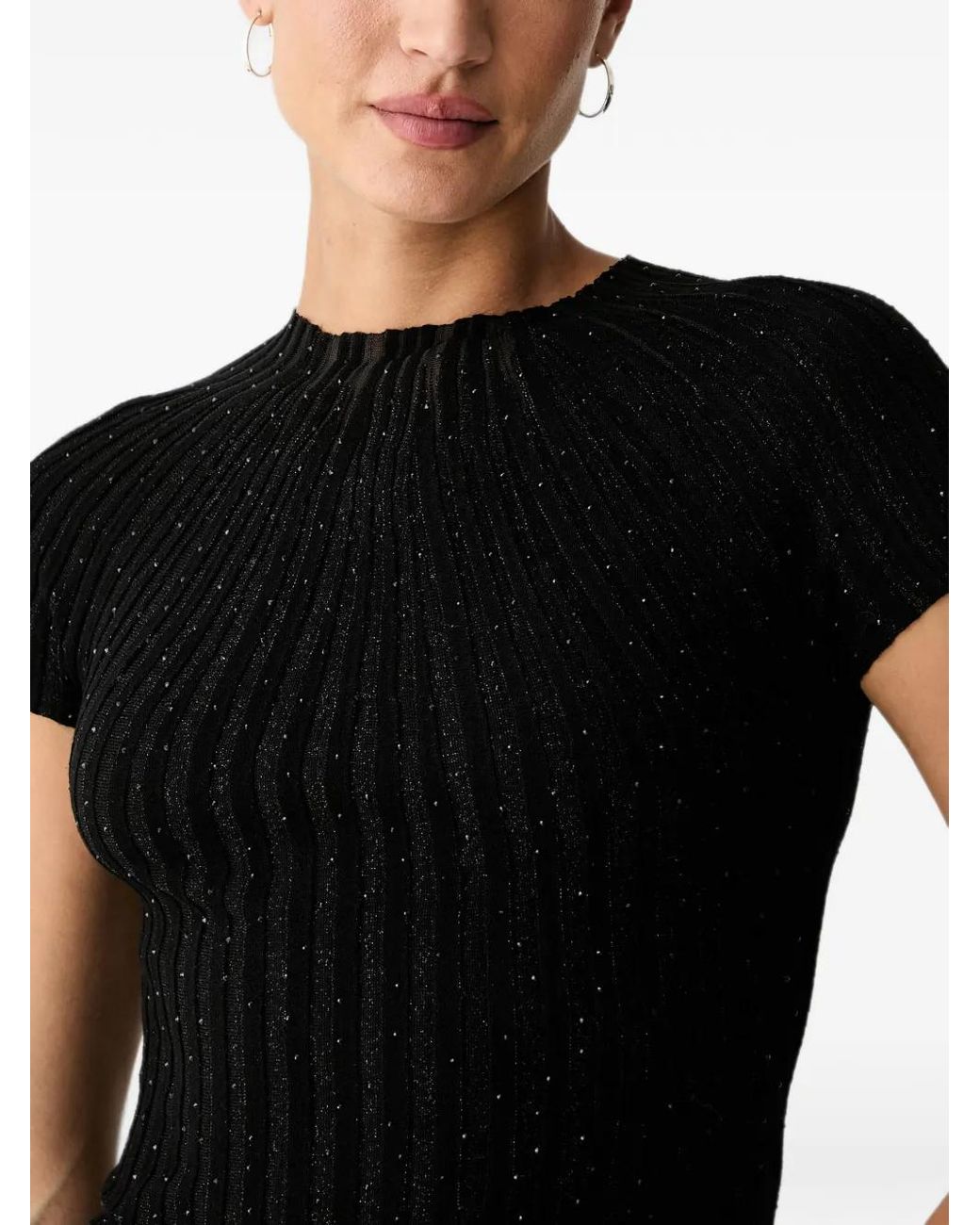 Guess Black Rhinestone-Embellished Ribbed-Knit T-Shirt