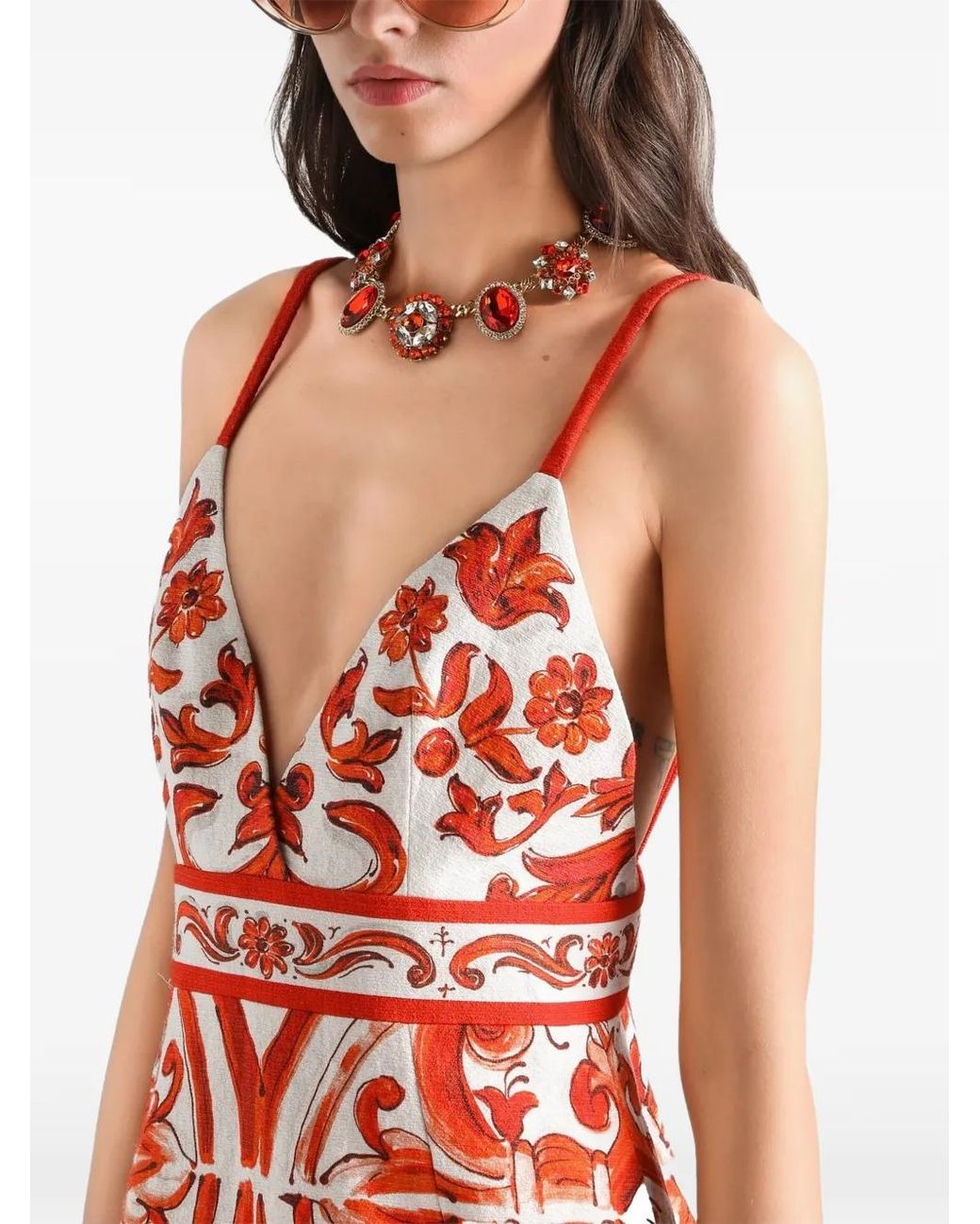 Dolce & Gabbana Red Majolica-Print Mat Dress