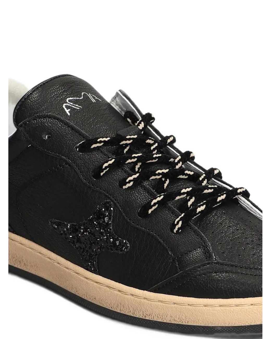 AMA BRAND Black Glitter-Patch Leather Low-Top Sneakers