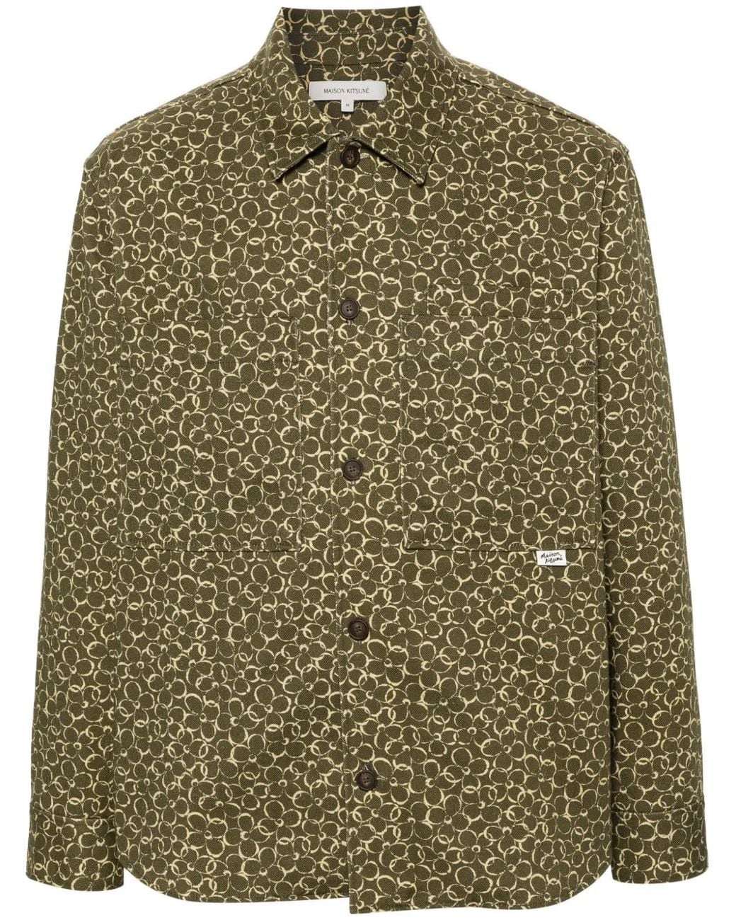 Maison Kitsuné Green Floral-Print Cotton Shirt Jacket for men