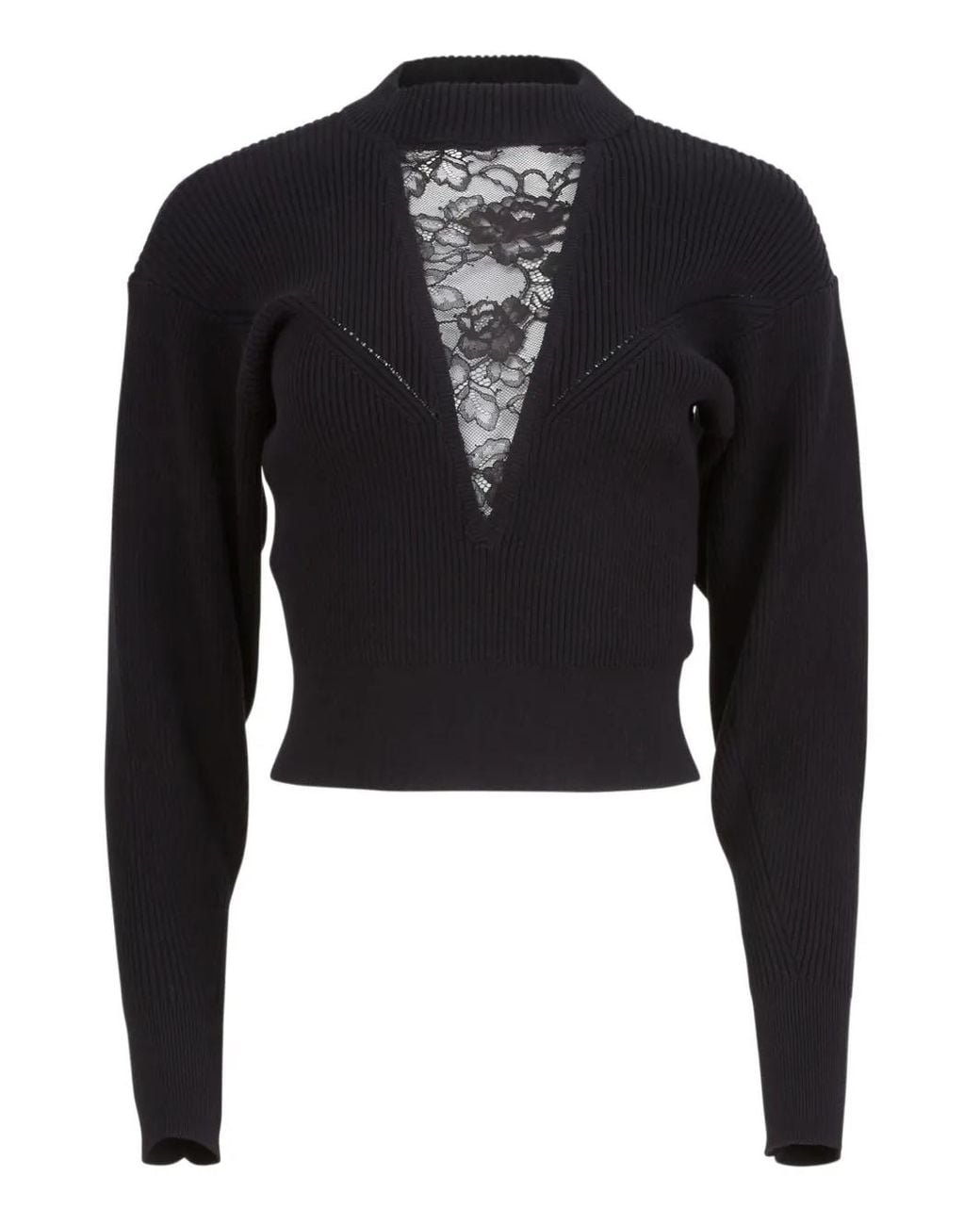 Fleur du Mal Black Lace-Insert Cropped Sweater
