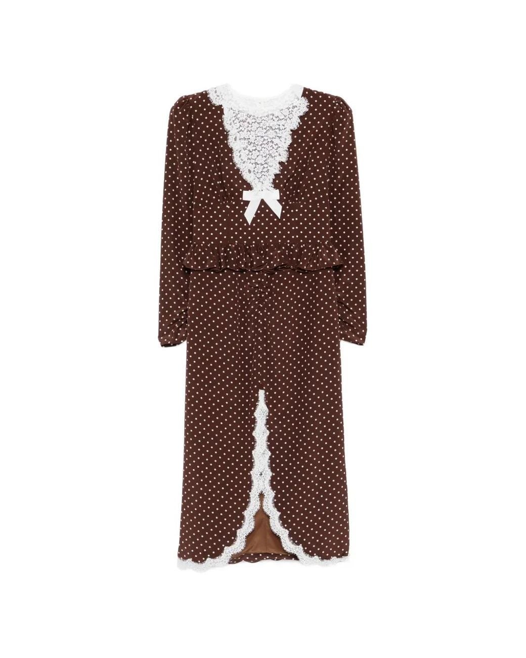 Alessandra Rich Polka-Dot Lace-Detail Midi Dress in Brown | Lyst