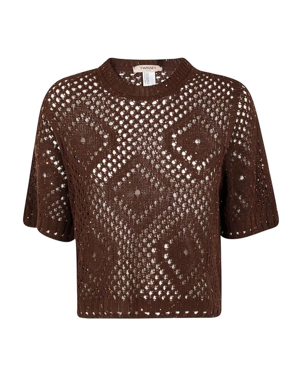 Twinset Brown Open-Knit Short-Sleeve Top