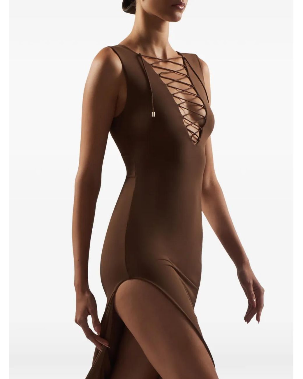 Taller Marmo Brown Sahara Lace-Up Fringe Midi Dress