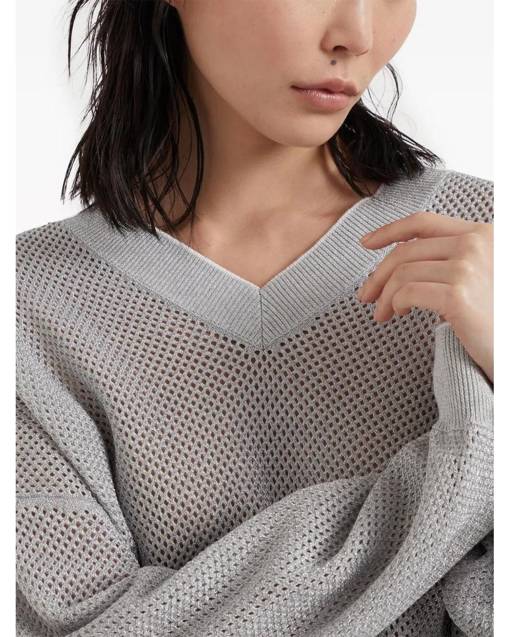 Brunello Cucinelli Gray V-Neck Knit Jumper