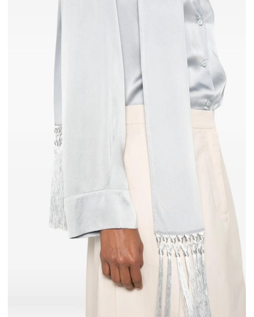 Forte_forte White Fringe-Trim Tie-Neck Shirt