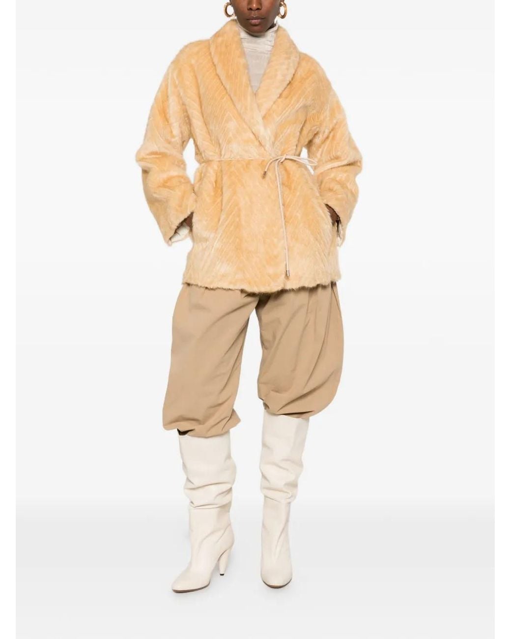 forte_forte Chevron-Pattern Belted Coat in Natural | Lyst