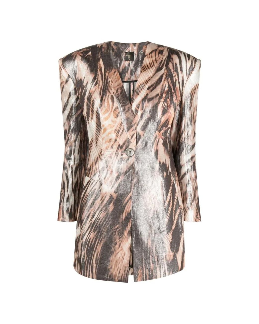 Tessitura Body Couture Brown Printed Oversized-Shoulder Blazer