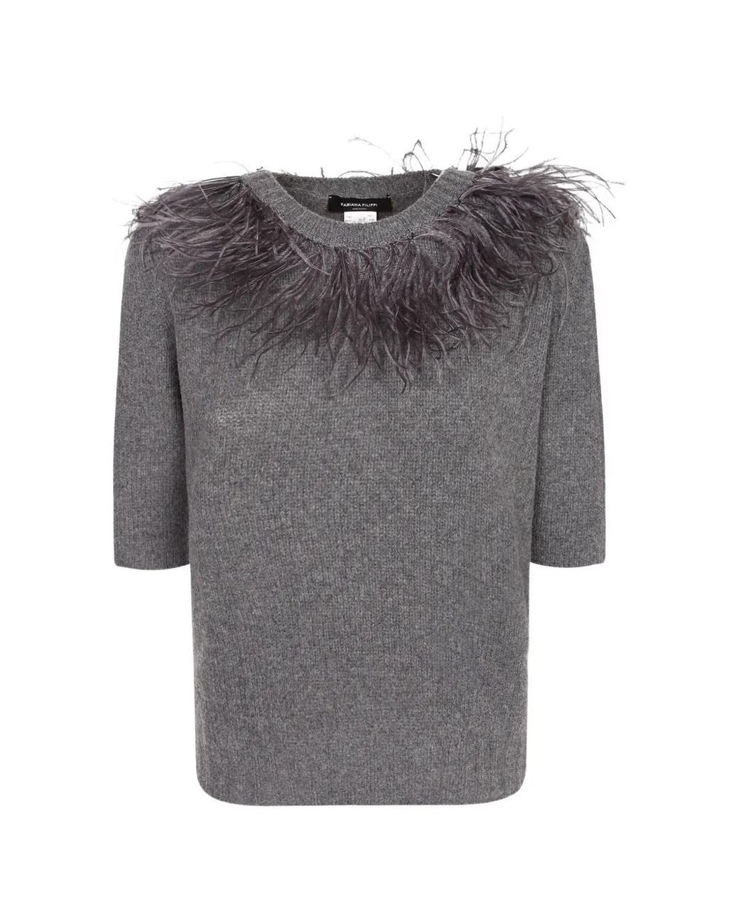 Fabiana Filippi Gray Feather-Trim Short-Sleeve T-Shirt