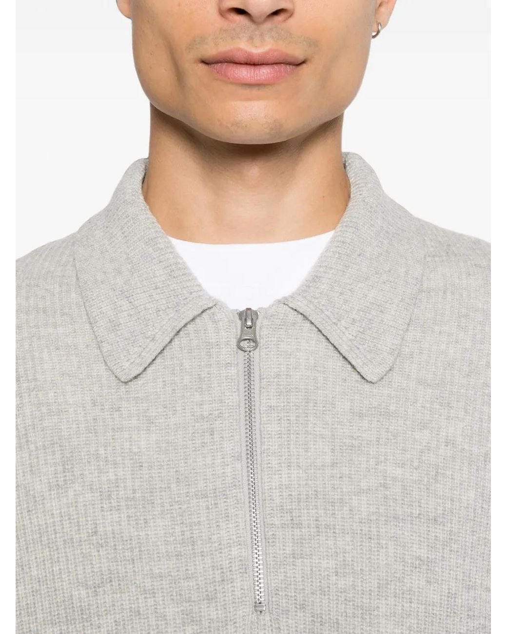 Samsøe & Samsøe Gray Ribbed-Knit Quarter-Zip Polo Shirt for men