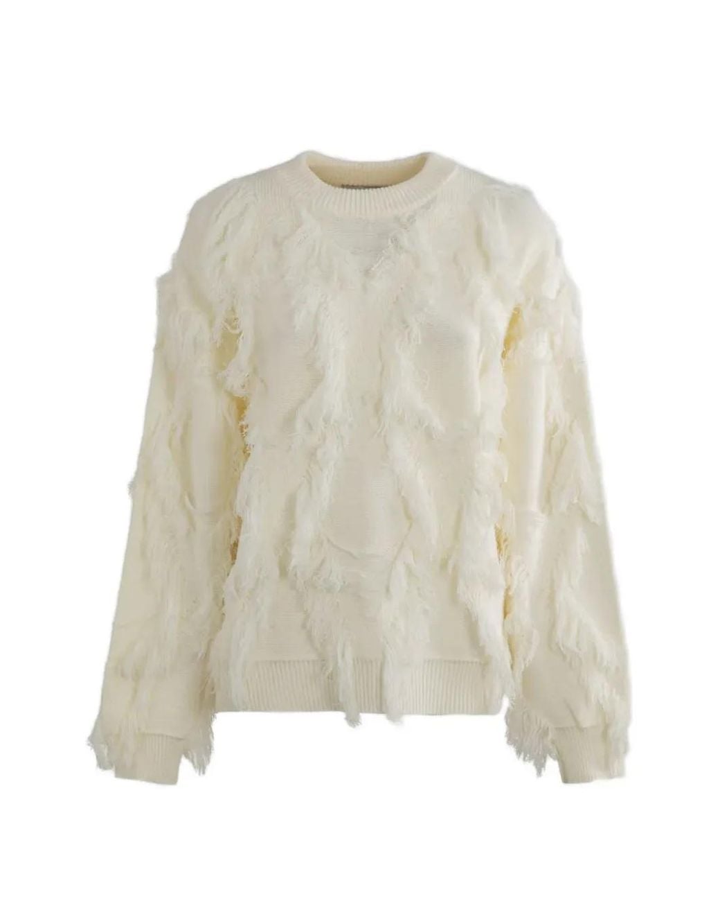 Gaelle Paris White Fringed Drop-Shoulder Sweater