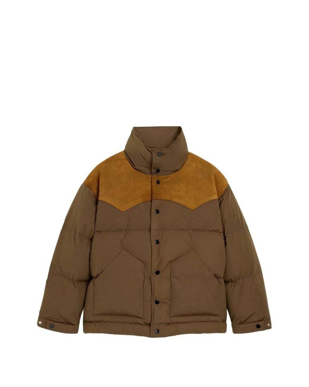 AMI Brown Nylon And Cotton Down Jacket With Leather Panels