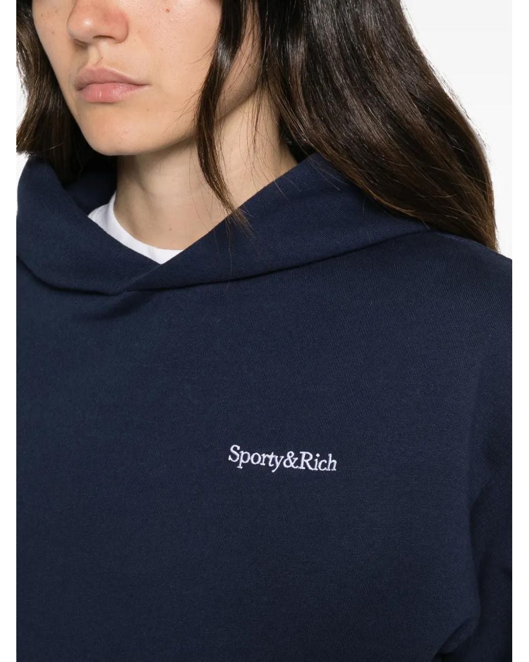 Sporty & Rich Blue Logo-Embroidered Pouch-Pocket Hoodie