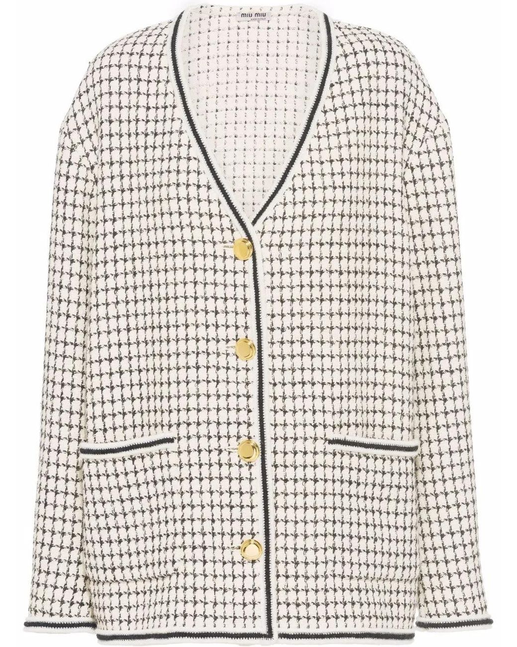 Miu Miu Gray Check Tweed Single-Breasted Cardigan