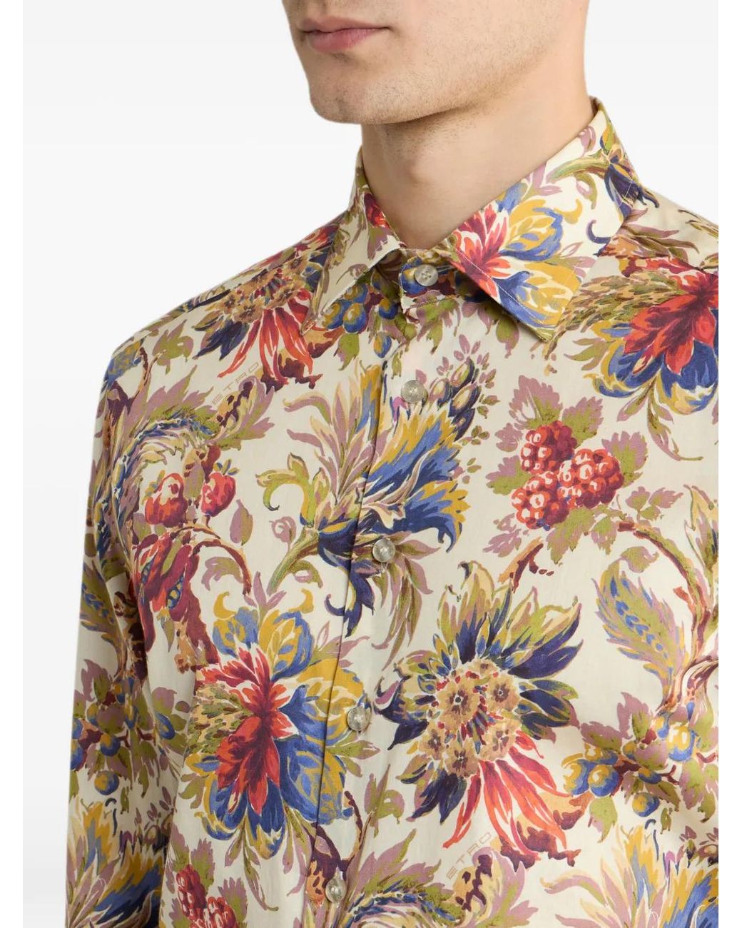 Etro White Cotton Satin Shirt With Floral-Motif for men