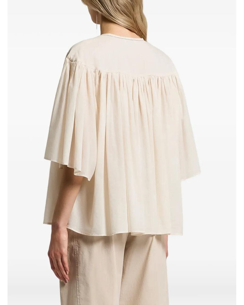 Peserico Natural Gathered V-Neck Blouse