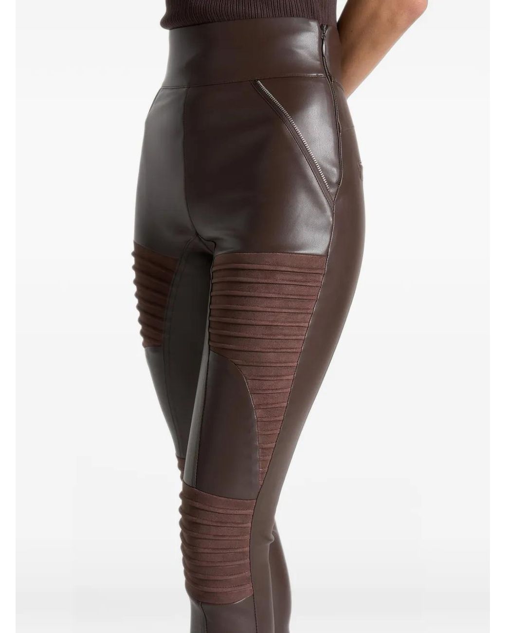 Manière De Voir Brown Leather & Suede Ribbed Leggings Chocolate
