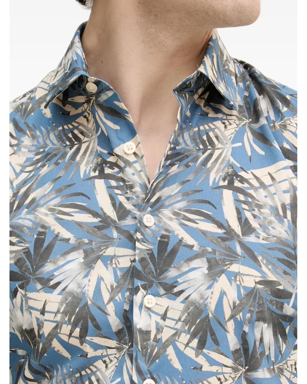 Lindbergh Blue Palm-Print Long-Sleeve Shirt for men