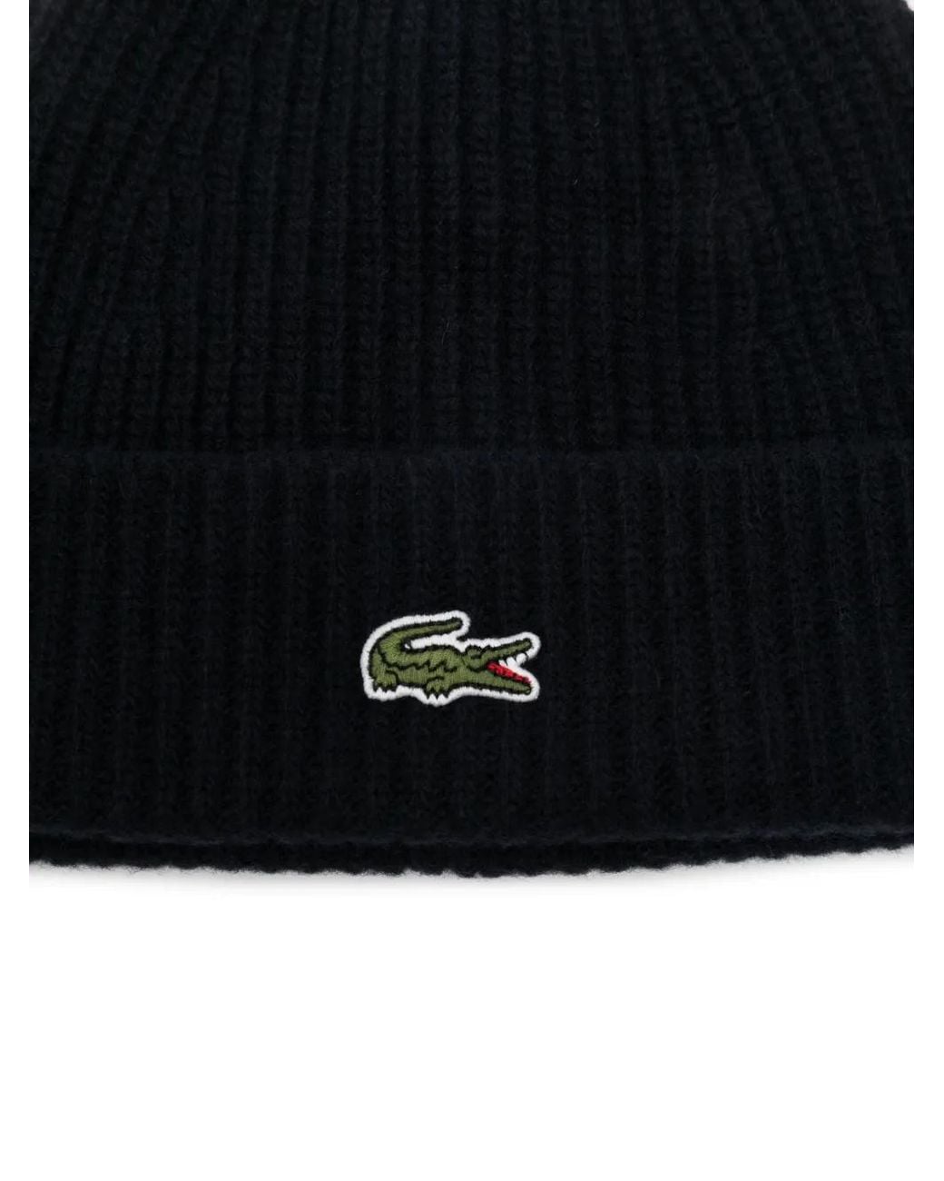 Lacoste Black Logo-Patch Ribbed Beanie Hat