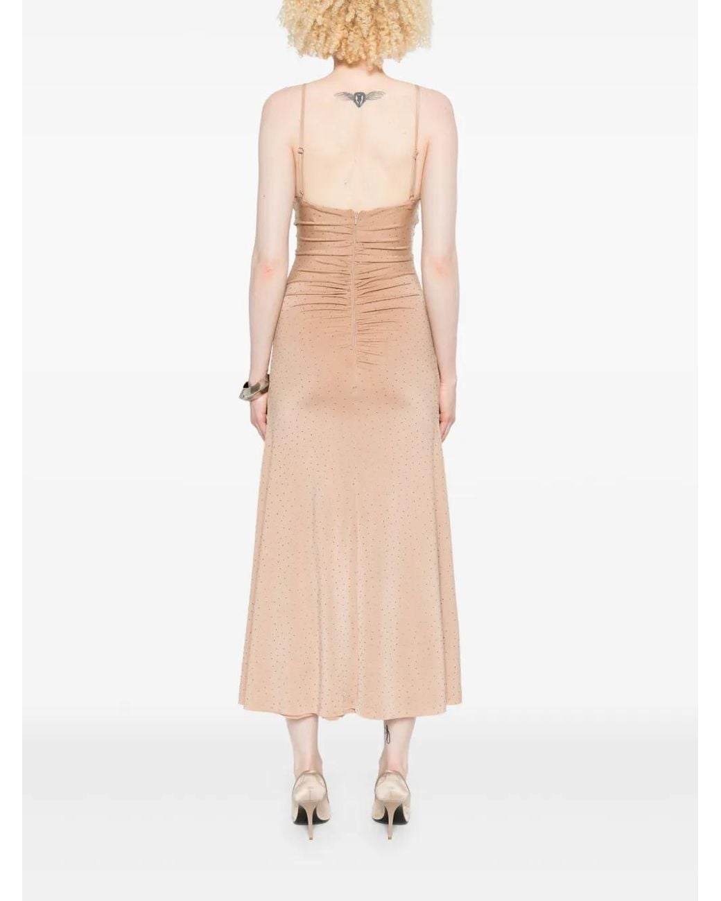 Nissa Natural Rhinestone-Embellished Midi Dress