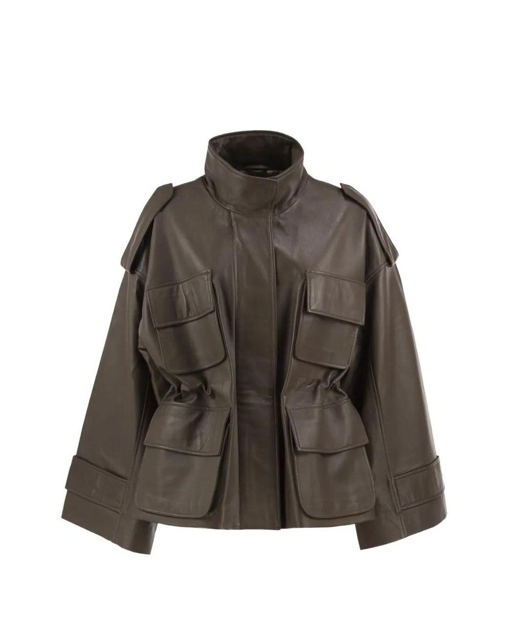 Lou Andrea Brown Cargo-Pocket High-Collar Leather Jacket
