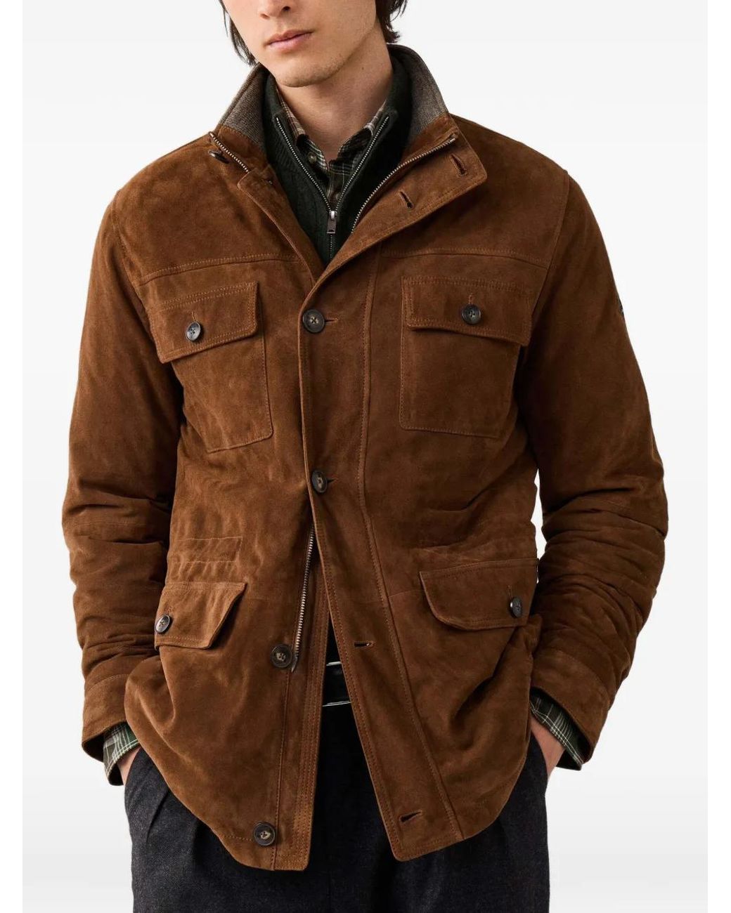 Hackett Brown Multi-Pocket Leather Jacket for men