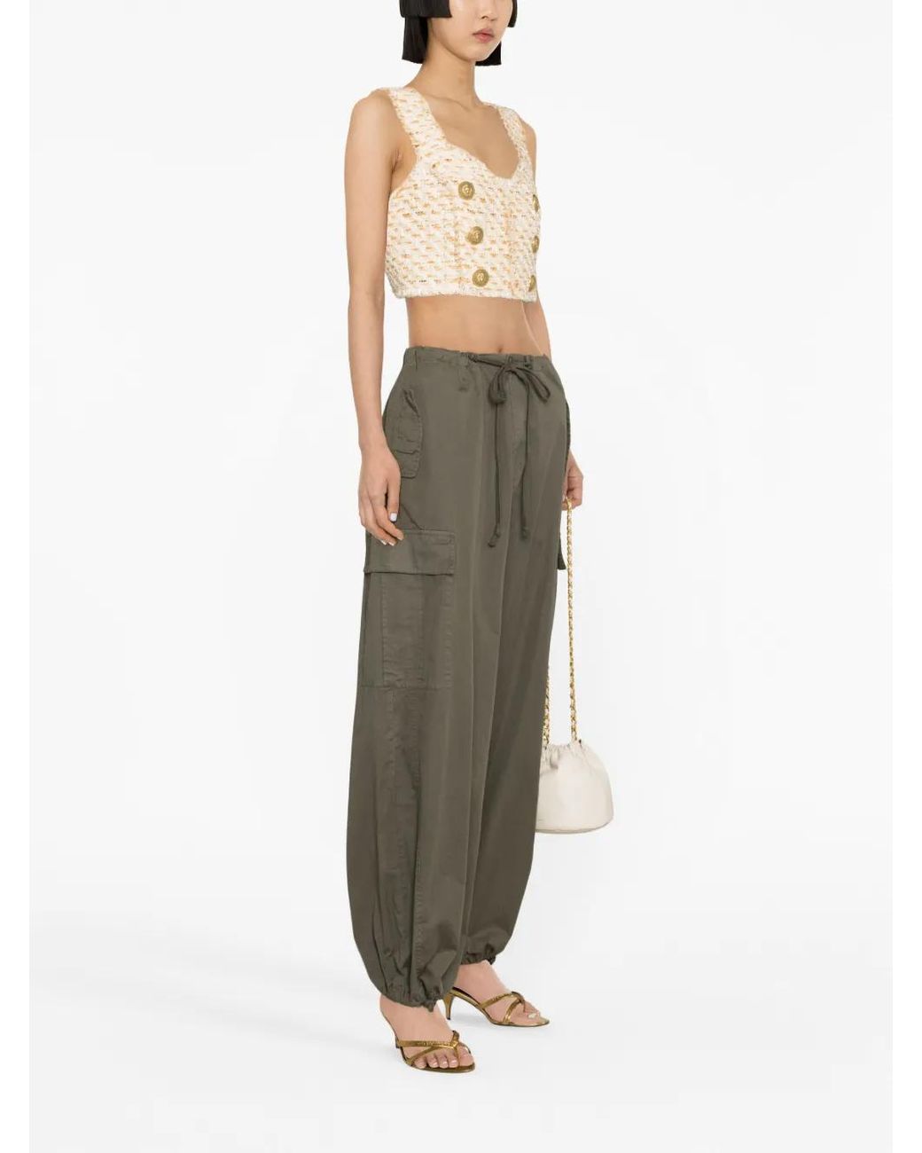 Balmain Natural Button-Embellished Tweed Cropped Top