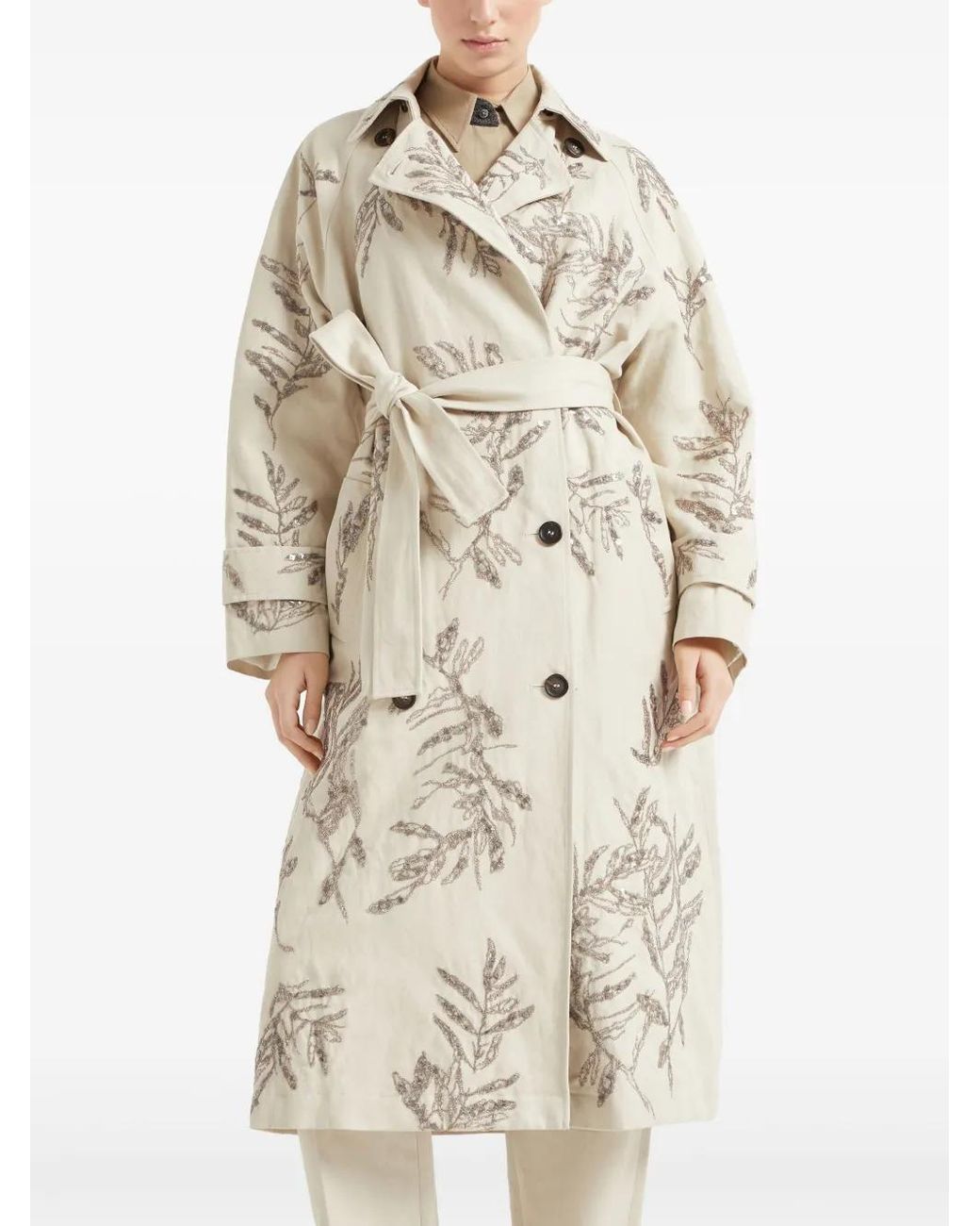 Brunello Cucinelli Natural Cotton-Linen Floral Trench Coat