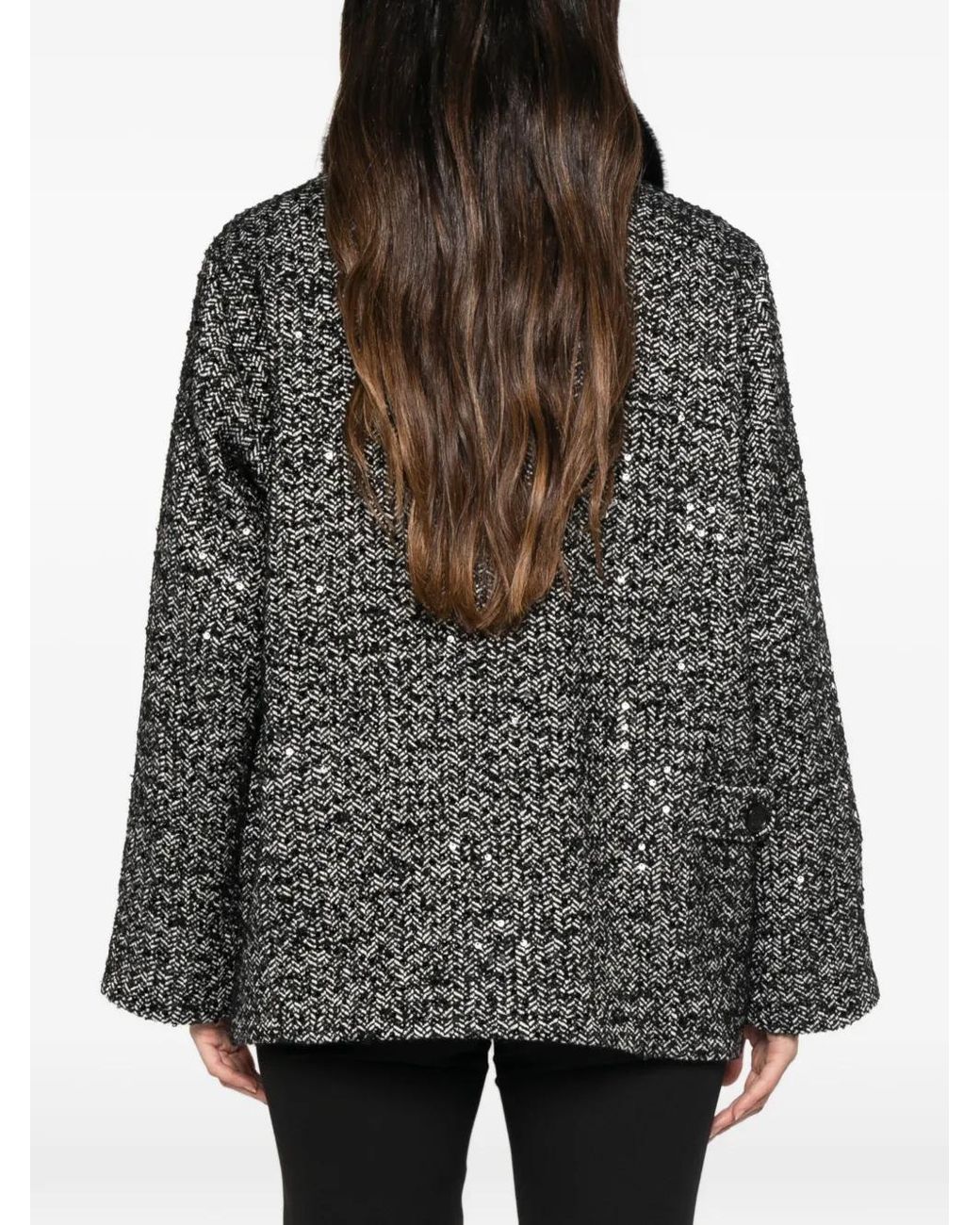ERMANNO FIRENZE Black Sequin-Embellished Herringbone Jacket