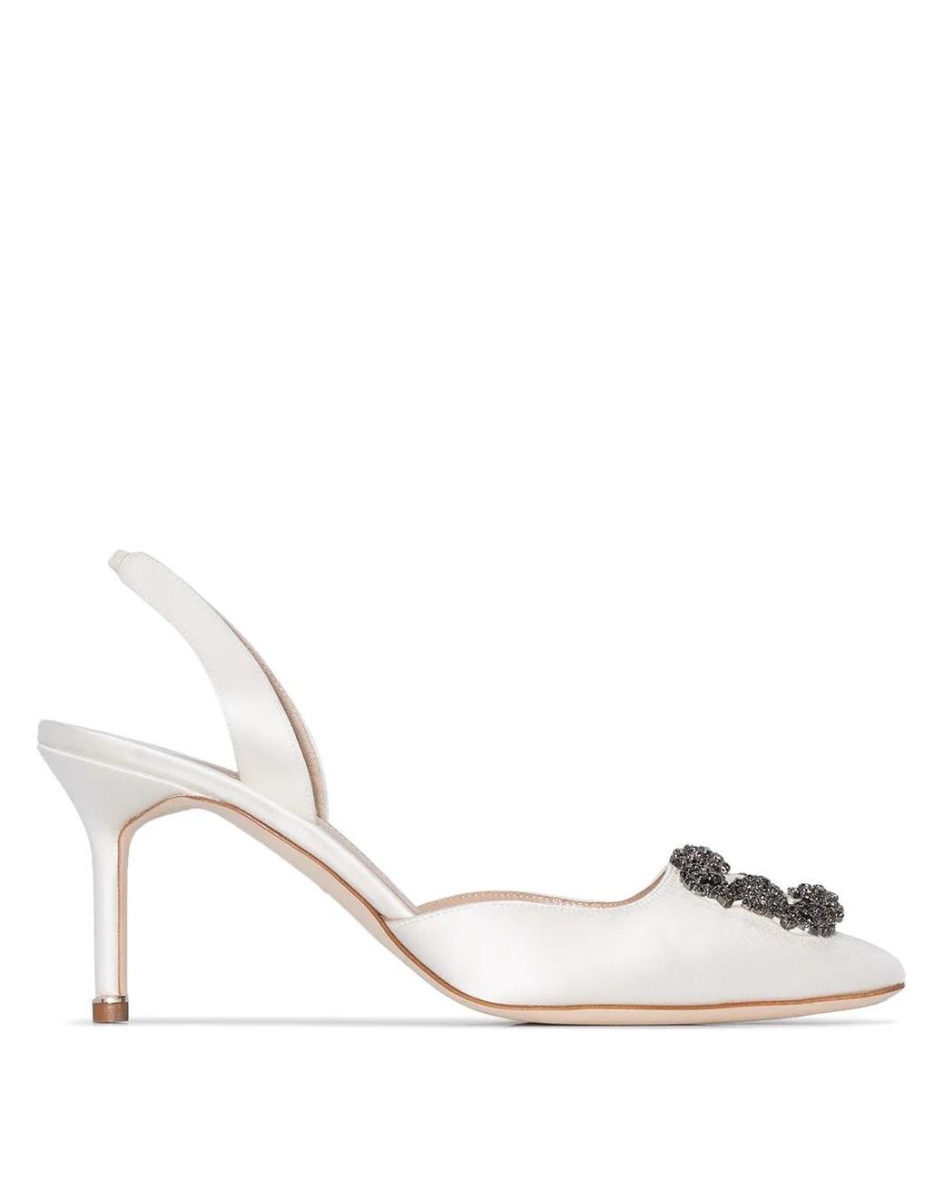 Manolo Blahnik White Hangisli Satin Jewel Buckle Slingback Pumps