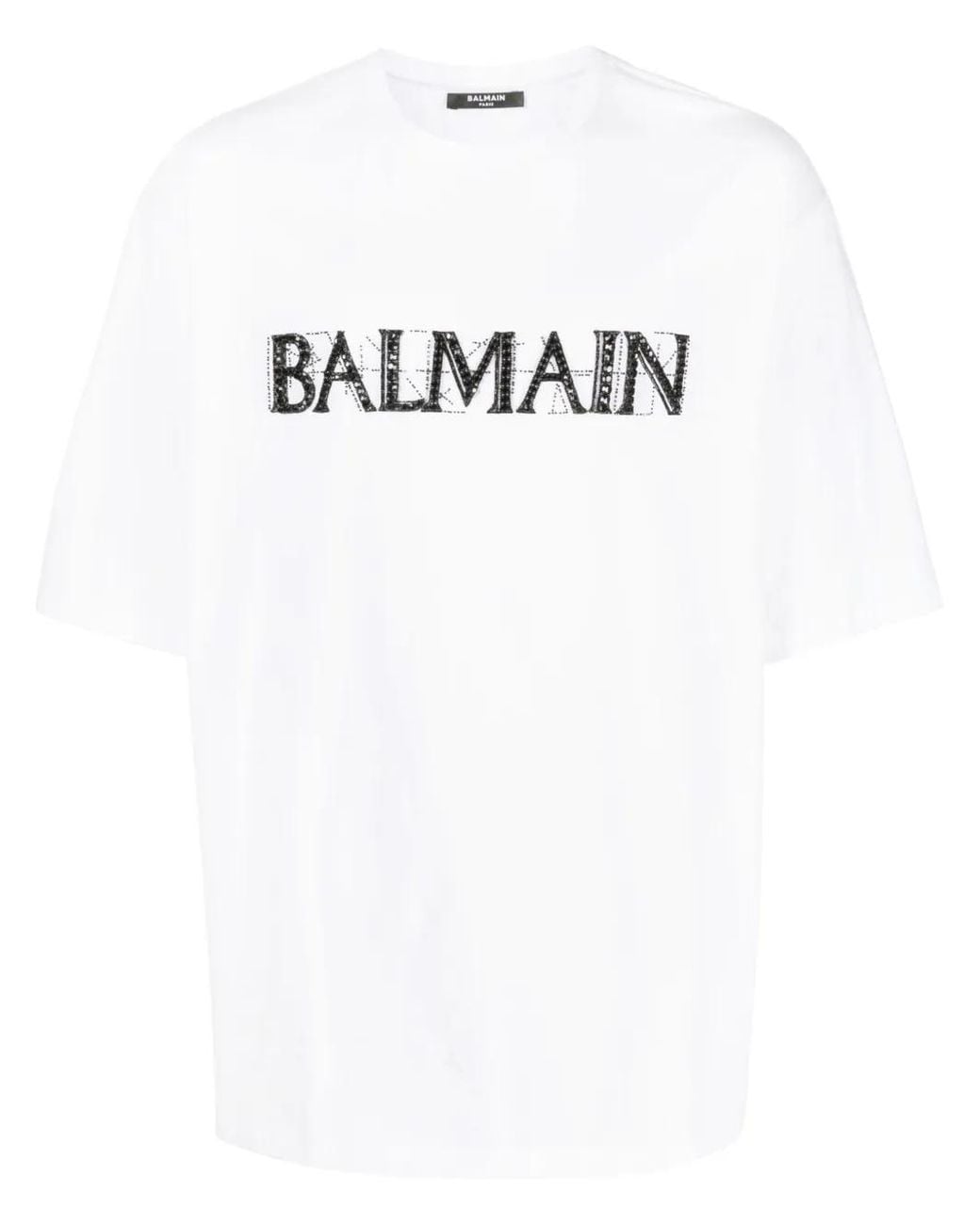 Balmain White Sparkling Crystal Logo T-Shirt for men